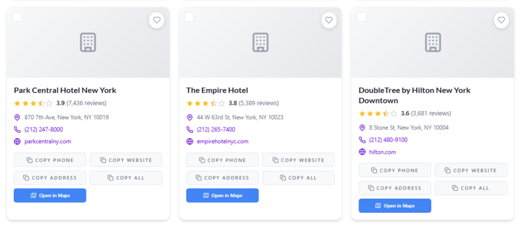 User interface of TheSoftCo Google Maps Leads Extractor displaying extracted business data including phone numbers, ratings, and addresses of New York hotels.