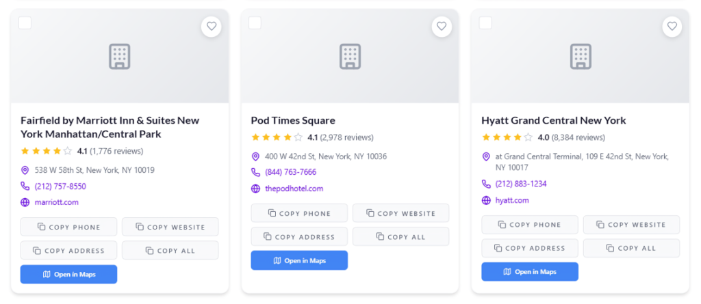 User interface of TheSoftCo Google Maps Leads Extractor displaying extracted business data including phone numbers, ratings, and addresses of New York hotels.