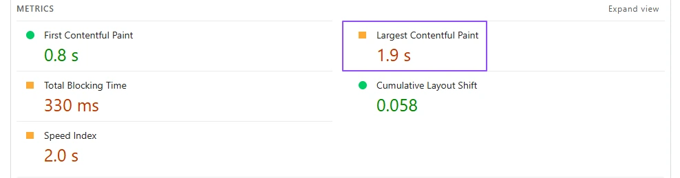 pagepeed insights - showing largest contentful paint