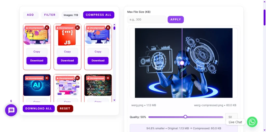 UI of thesoftco image compressor after adding images
