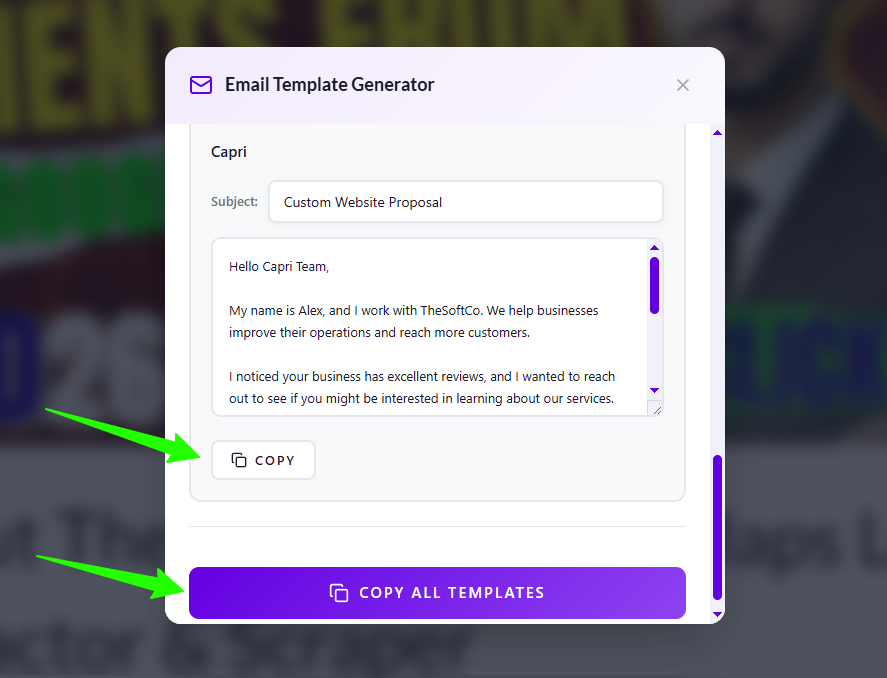 email template generated by thesoftco leads extractor