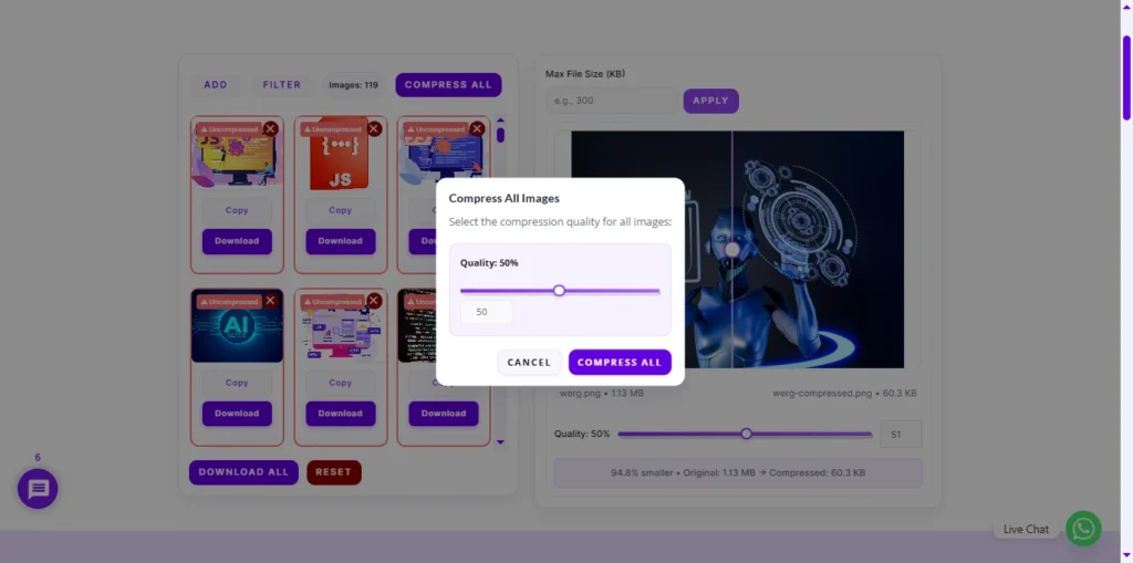 Confirm Popup before compressing images in thesoftco image compressor
