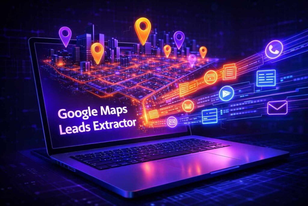 a latest laptop with neon colors - showing text Google Maps Leads Extractor