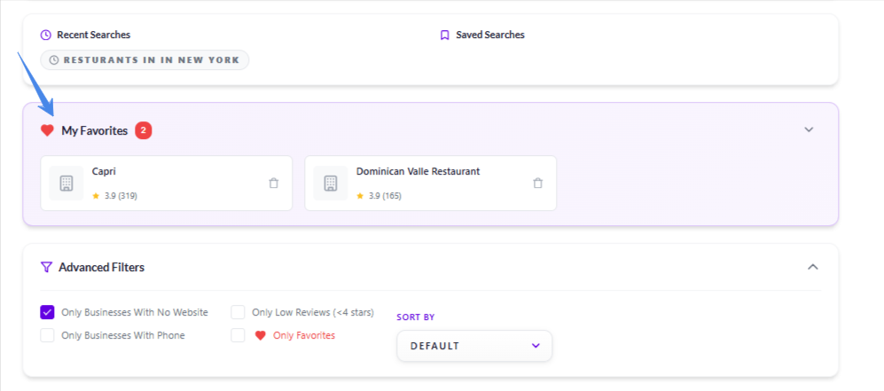 showing the favorites section in TheSoftCo Leads Extractor