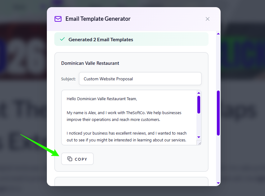 email template generated by thesoftco leads extractor